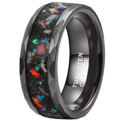 **COI Black Tungsten Carbide Hammered Ring With Crushed Opal & Meteorite-8621