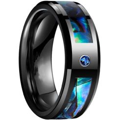 **COI Black Titanium Abalone Shell Beveled Edges Ring With Created Blue Sapphire-8623