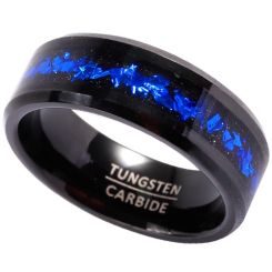 **COI Black Tungsten Carbide Beveled Edges Ring With Meteorite & Crushed Opal-8624