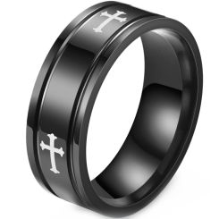 **COI Black Titanium Double Grooves Ring With Cross-8632
