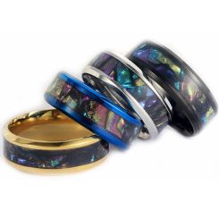 **COI Titanium Black/Gold Tone/Blue/Silver Beveled Edges Ring With Abalone Shell-8652