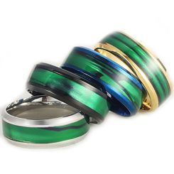 **COI Titanium Black/Gold Tone/Silver/Blue Beveled Edges Ring With Green Wood-8655