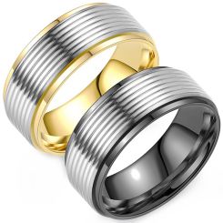 **COI Titanium Black/Gold Tone Silver Grooves Step Edges Ring-8657AA