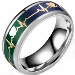 **COI Titanium Green Gold Tone Heartbeat & Heart Beveled Edges Ring-8689AA