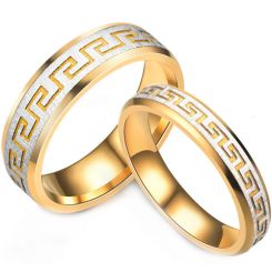 **COI Titanium Gold Tone Silver Greek Key Pattern Beveled Edges Ring-8691AA