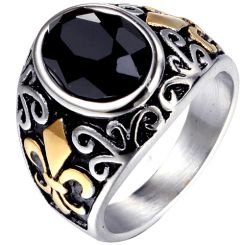 **COI Titanium Black Gold Tone/Silver Fleur De Lis Ring With Black Onyx-8699