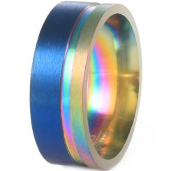 **COI Titanium Blue Gold Tone Rainbow Color Offset Groove Pipe Cut Flat Ring-8713