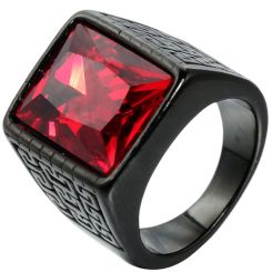 **COI Black Titanium Greek Key Pattern Ring With Created Red Ruby/Green Emerald/Blue Sapphire/Black Onyx-8750