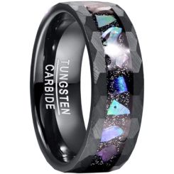 **COI Black Tungsten Carbide Hammered Ring With Abalone Shell & Crushed Opal-8762