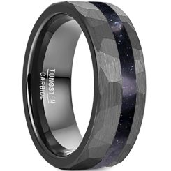 **COI Black Tungsten Carbide Hammered Ring With Blue Meteorite-8764