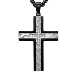 **COI Titanium Black Rose/Silver Cross Pendant With Cubic Zirconia-8780