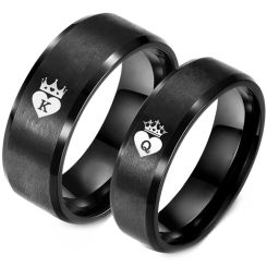 **COI Black Titanium King Queen Crown & Heart Beveled Edges Ring-8821