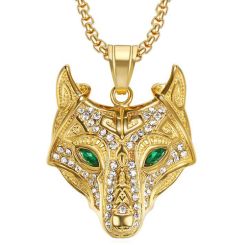 **COI Gold Tone Titanium Wolf Pendant With Created Green Emerald-8846