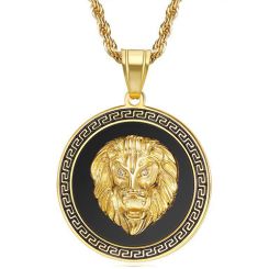 **COI Titanium Black Gold Tone/Silver Lion Pendant With Greek Key Pattern-8899AA