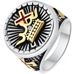 **COI Titanium Black Gold Tone Silver/Black Gold Tone Cross & Crown Ring-8928