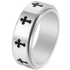 **COI Titanium Black/Gold Tone/Silver Black Cross Step Edges Ring-8964AA