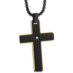 **COI Titanium Black Gold Tone Cross Pendant With Cubic Zirconia-8970AA