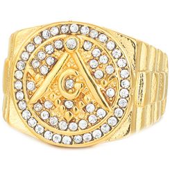 **COI Gold Tone Titanium Masonic Freemason Ring With Cubic Zirconia-8974AA