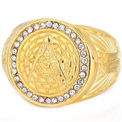 **COI Gold Tone Titanium Masonic Freemason Ring With Cubic Zirconia-8977AA