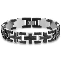 **COI Titanium Black Silver Cross Bracelet With Steel Clasp(Length: 8.26 inches)-8995AA