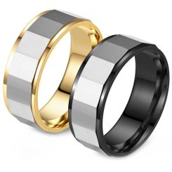 **COI Titanium Black/Gold Tone Silver Faceted Step Edges Ring-9059AA