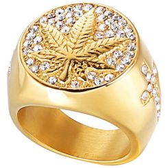 **COI Gold Tone Titanium Maple Leaf Ring With Cubic Zirconia-9086AA