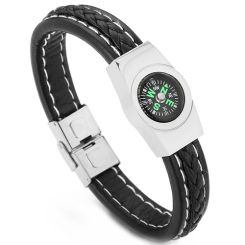 COI Titanium Black/Gold Tone/Silver Genuine Leather Compass Bracelet With Steel Clasp(Length: 8.26 inches)-9094AA