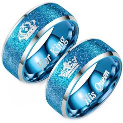 **COI Titanium Blue Silver King Queen Crown Sandblasted Beveled Edges Ring-9100AA