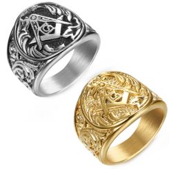 ***COI Titanium Black Silver/Gold Tone Masonic Freemason Ring-9101AA