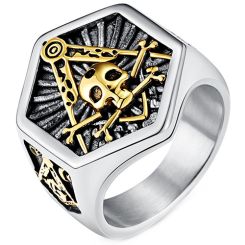 **COI Titanium Black Silver/Black Gold Tone Silver Skull Masonic Freemason Ring-9115AA