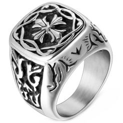 **COI Titanium Black Silver Cross Celtic Ring-9116AA