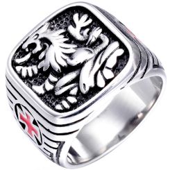 **COI Titanium Black Silver Dragon & Red Cross Ring-9118AA