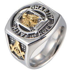 **COI Titanium Black Gold Tone Silver/Black Gold Tone Masonic Freemason Ring-9119AA