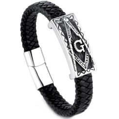 COI Titanium Black/Gold Tone/Silver Masonic Freemason Genuine Leather Bracelet With Steel Clasp(Length: 8.27 inches)-9136AA