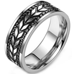 **COI Titanium Black Silver Leaves Pipe Cut Flat Ring-9176AA