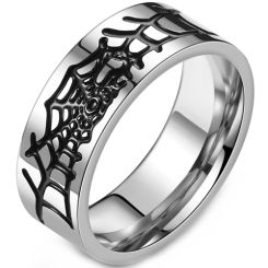 **COI Titanium Black Silver Spider Web Pipe Cut Flat Ring-9216AA