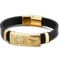 **COI Gold Tone Titanium Masonic Freemason Genuine Leather Bracelet With Steel Clasp(Length: 8.26 inches)-9225AA