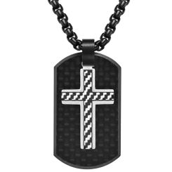 **COI Titanium Black Silver Cross Tag Pendant With Carbon Fiber-9250AA