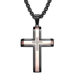 **COI Titanium Black Rose/Silver Cross Pendant With Cubic Zirconia-9275AA