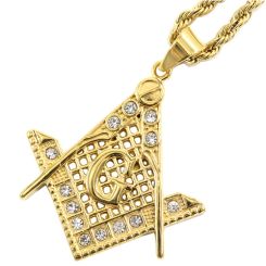**COI Gold Tone Titanium Masonic Freemason Pendant With Cubic Zirconia-9293AA