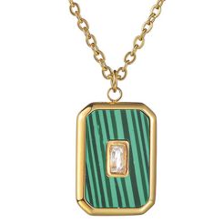 **COI Gold Tone Titanium Necklace With Malachite & Cubic Zirconia(Length: 18.5 inches)-9295AA