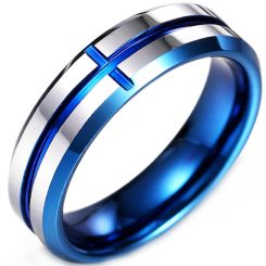 **COI Tungsten Carbide Blue Silver Cross Beveled Edges Ring-9298AA