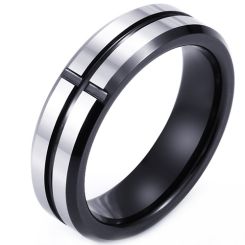**COI Tungsten Carbide Black Silver Cross Beveled Edges Ring-9299AA