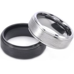 **COI Tungsten Carbide Black/Silver Sandblasted Double Grooves Ring-9302AA