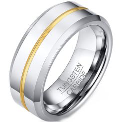 **COI Tungsten Carbide Gold Tone Silver Center Groove Beveled Edges Ring-9338BB