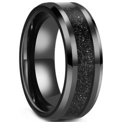 **COI Black Tungsten Carbide Beveled Edges Ring With Meteorite-9342BB