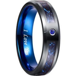 **COI Black Tungsten Carbide 6mm Dragon Beveled Edges Ring With Created Blue Sapphire-9366BB