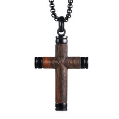 **COI Titanium Black/Silver Cross Pendant With Wood-9398BB