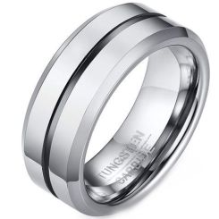 **COI Tungsten Carbide Black Silver Center Groove Beveled Edges Ring-9404BB