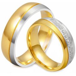 **COI Titanium Gold Tone Silver Diagonal Grooves Couple Wedding Ring-9413AA